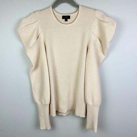 Ontwelfth Anthropologie Puff Sleeve Rib Knit Sweater Creckneck Top Cream sz L - Picture 1 of 12